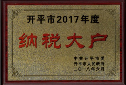 开平市2017年度纳税大户 （中共开平委、开平市人民政府2018年颁发）