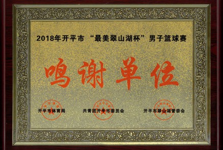 广东聚源建设有限公司荣获开平市体育局颁发的2018年开平市“最美翠山湖杯”男子篮球赛