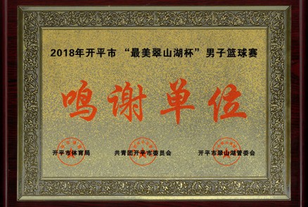 广东聚源建设有限公司荣获开平市体育局颁发的2018年开平市“最美翠山湖杯”男子篮球赛